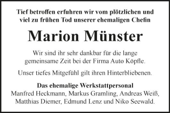 Traueranzeige von Marion Münster von Fränkische Nachrichten