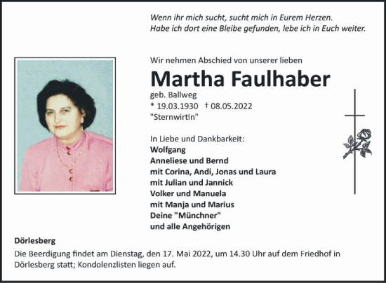 Traueranzeige von Martha Faulhaber von Fränkische Nachrichten