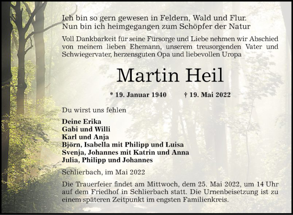 Traueranzeige für Martin Heil vom 21.05.2022 aus Bergsträßer Anzeiger