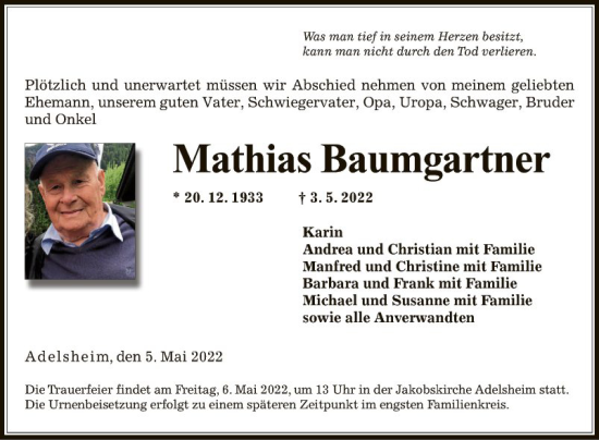 Traueranzeige von Mathias Baumgartner von Fränkische Nachrichten