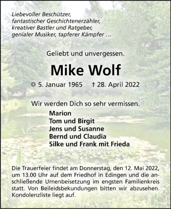 Traueranzeige von Mike Wolf von Mannheimer Morgen