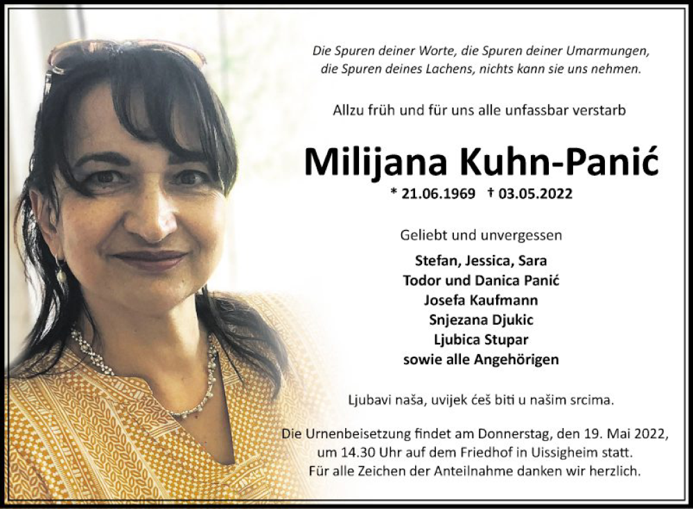  Traueranzeige für Milijana Kuhn-Panic vom 14.05.2022 aus Fränkische Nachrichten