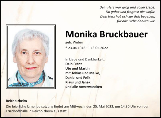 Traueranzeige von Monika Bruckbauer von Fränkische Nachrichten