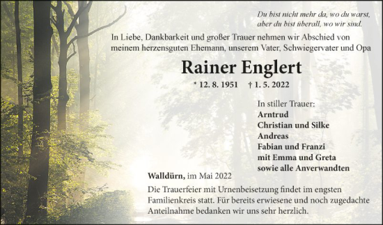 Traueranzeige von Rainer Englert von Fränkische Nachrichten