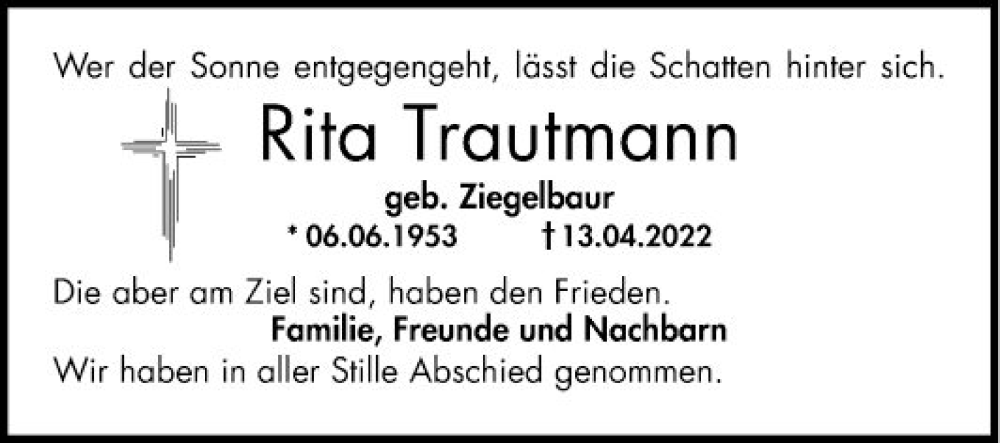  Traueranzeige für Rita Trautmann vom 14.05.2022 aus Mannheimer Morgen