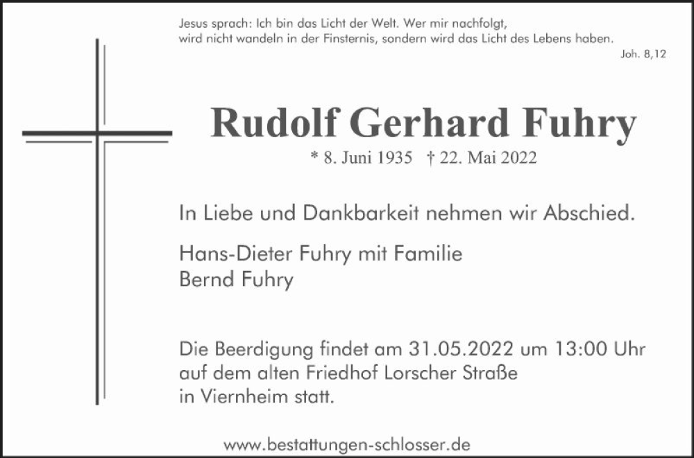  Traueranzeige für Rudolf Gerhard Fuhry vom 28.05.2022 aus Mannheimer Morgen