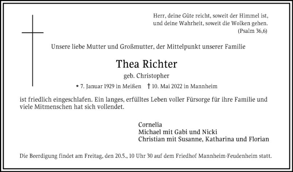  Traueranzeige für Thea Richter vom 14.05.2022 aus Mannheimer Morgen