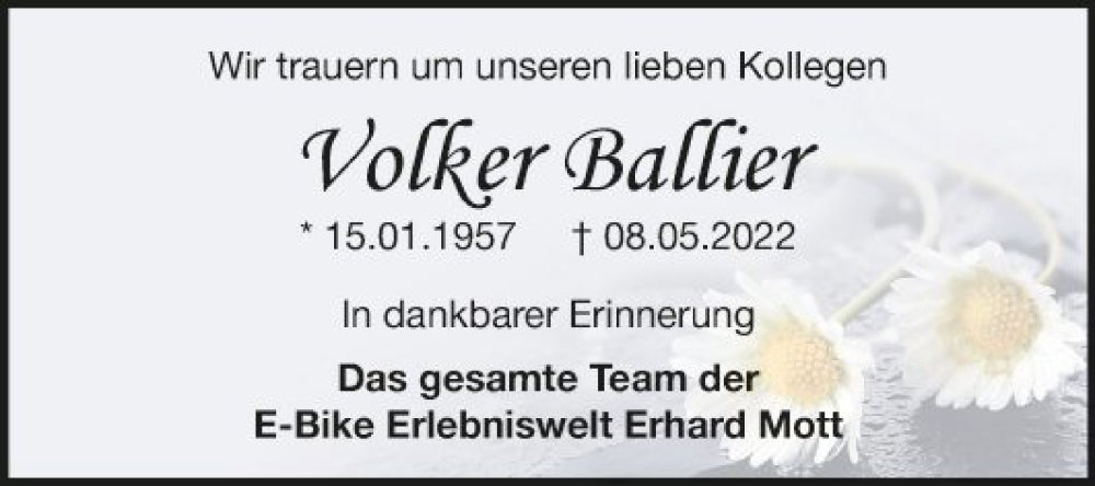 Traueranzeige für Volker Ballier vom 25.05.2022 aus Fränkische Nachrichten