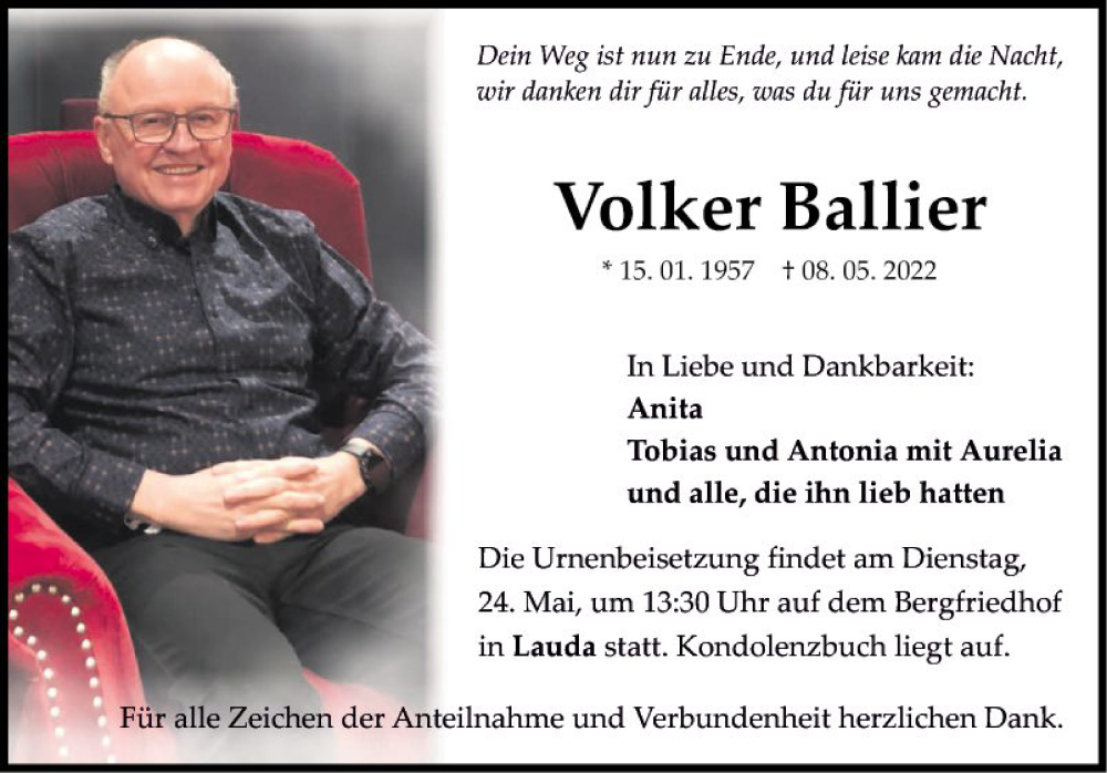  Traueranzeige für Volker Ballier vom 21.05.2022 aus Fränkische Nachrichten
