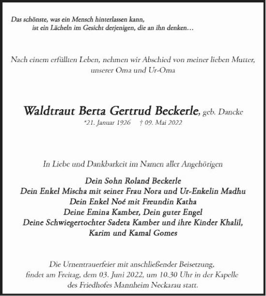 Traueranzeige von Waldtraut Berta Gertrud Beckerle von Mannheimer Morgen