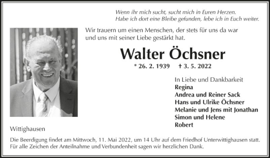 Traueranzeige von Walter Öchsner von Fränkische Nachrichten