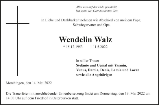 Traueranzeige von Wendelin Walz von Fränkische Nachrichten