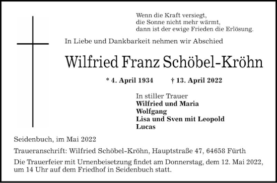 Traueranzeige von Wilfried Franz Schöbel-Kröhn von Bergsträßer Anzeiger