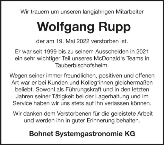 Traueranzeige von Wolfgang Rupp von Fränkische Nachrichten