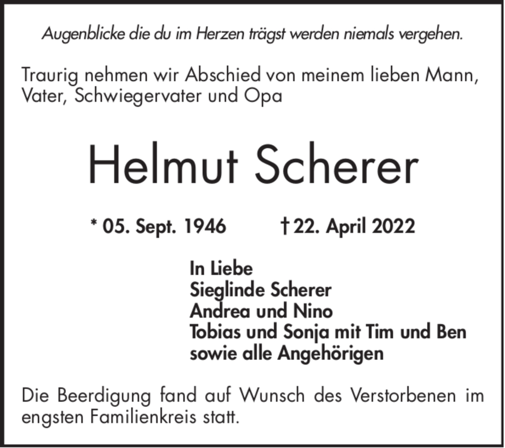  Traueranzeige für Helmut Scherer vom 14.05.2022 aus Mannheimer Morgen