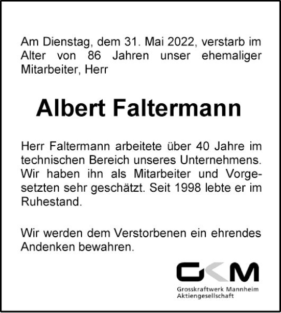 Traueranzeige von Albert Faltermann von Mannheimer Morgen