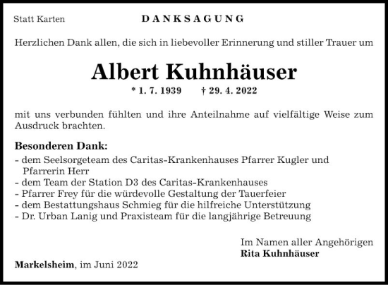 Traueranzeige von Albert Kuhnhäuser von Fränkische Nachrichten