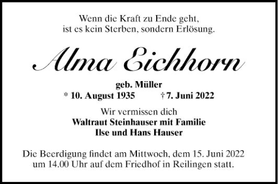 Traueranzeige von Alma Eichhorn von Schwetzinger Zeitung