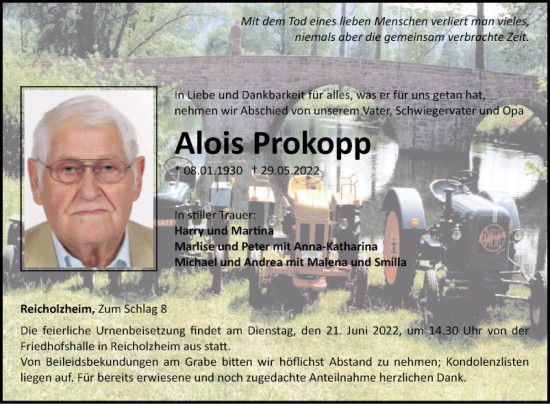 Traueranzeige von Alois Prokopp von Fränkische Nachrichten