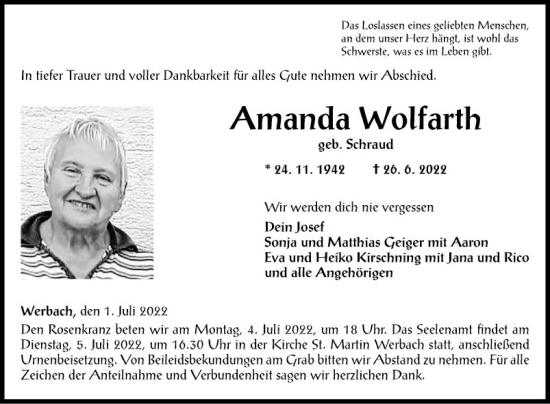 Traueranzeige von Amanda Wolfarth von Fränkische Nachrichten