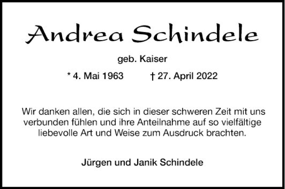  Traueranzeige für Andrea Schindele vom 04.06.2022 aus Mannheimer Morgen