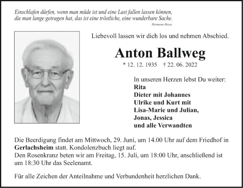  Traueranzeige für Anton Baliweg vom 25.06.2022 aus Fränkische Nachrichten