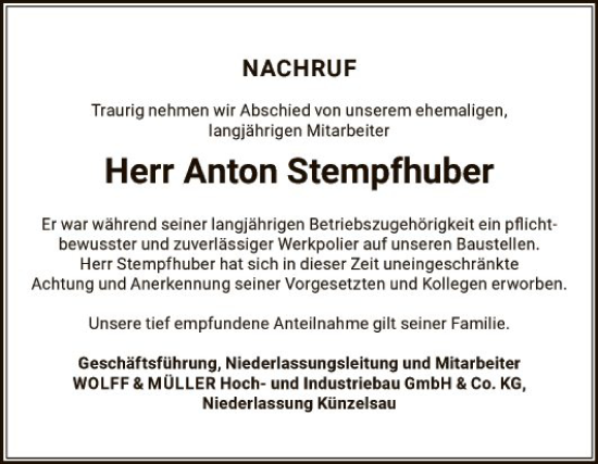 Traueranzeige von Anton Stempfhuber von Fränkische Nachrichten