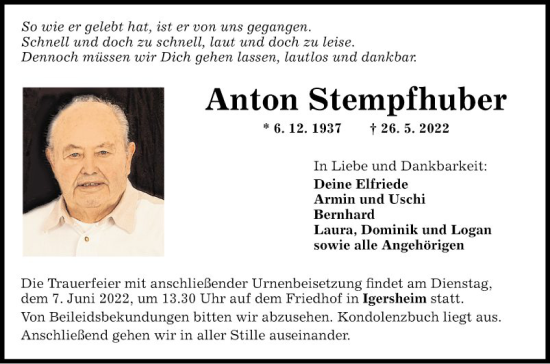 Traueranzeige von Anton Stempfhuber von Fränkische Nachrichten