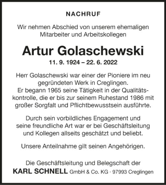 Traueranzeige von Artur Golaschewski von Fränkische Nachrichten