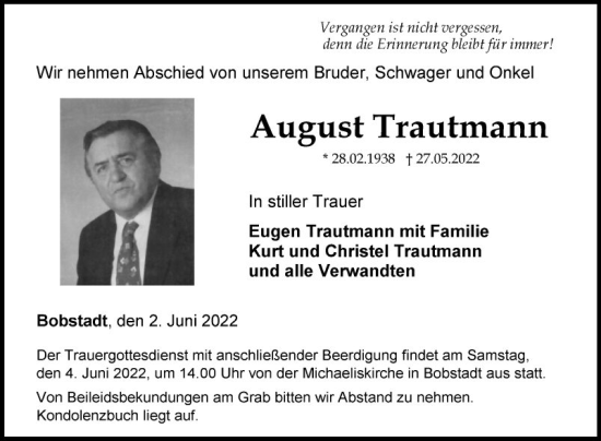 Traueranzeige von August Trautmann von Fränkische Nachrichten