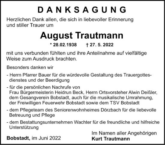 Traueranzeige von August Trautmann von Fränkische Nachrichten