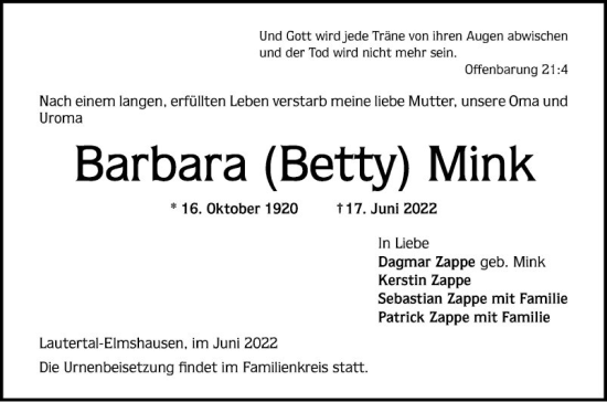 Traueranzeige von Barbara Mink von Bergsträßer Anzeiger