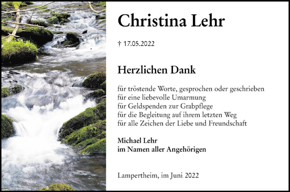  Traueranzeige für Christina Lehr vom 11.06.2022 aus Mannheimer Morgen