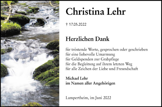 Traueranzeige von Christina Lehr von Mannheimer Morgen