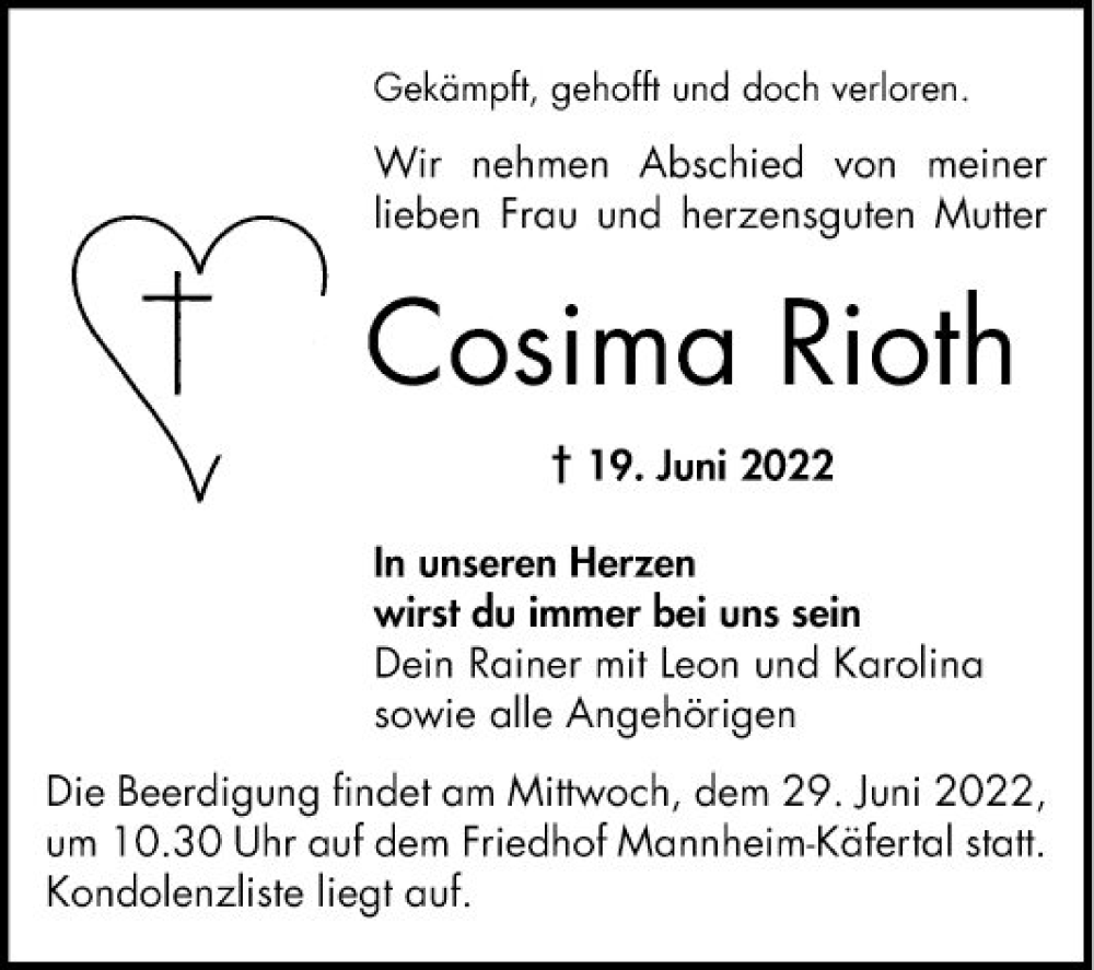  Traueranzeige für Cosima Rioth vom 25.06.2022 aus Mannheimer Morgen