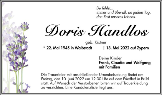 Traueranzeige von Doris Handlos von Schwetzinger Zeitung