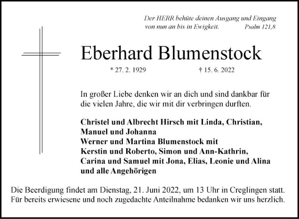  Traueranzeige für Eberhard Blumenstock vom 18.06.2022 aus Fränkische Nachrichten