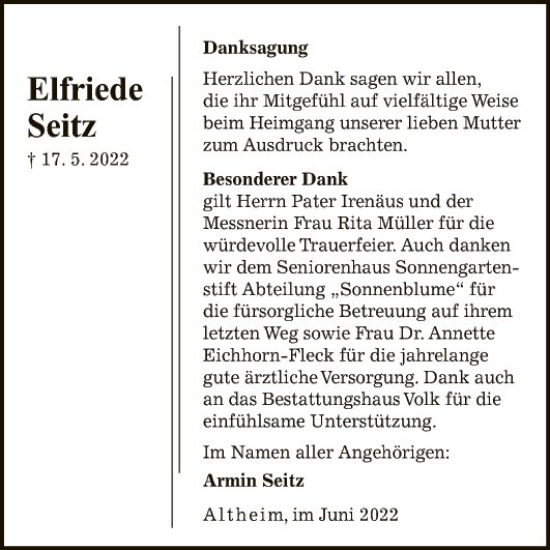 Traueranzeige von Elfriede Seitz von Fränkische Nachrichten