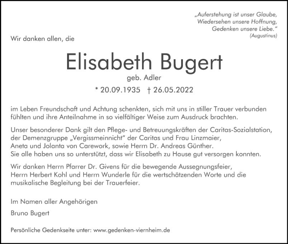  Traueranzeige für Elisabeth Bugert vom 25.06.2022 aus Mannheimer Morgen