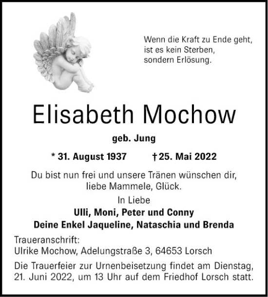 Traueranzeige von Elisabeth Mochow von Bergsträßer Anzeiger