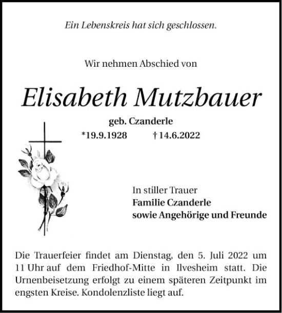 Traueranzeige von Elisabeth Mutzbauer von Mannheimer Morgen