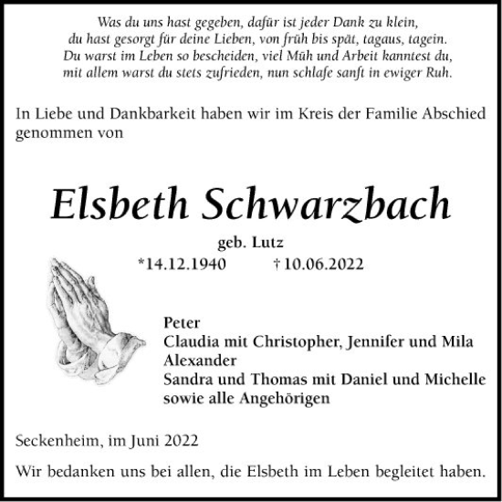 Traueranzeige von Elsbeth Schwarzbach von Mannheimer Morgen