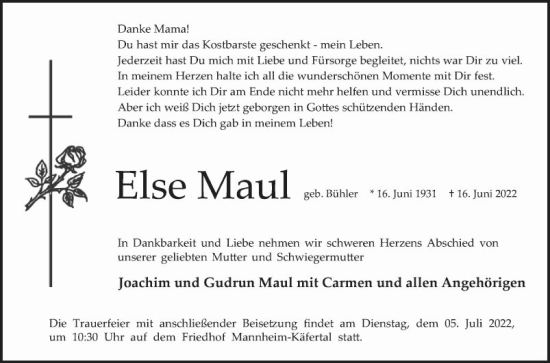 Traueranzeige von Else Maul von Mannheimer Morgen