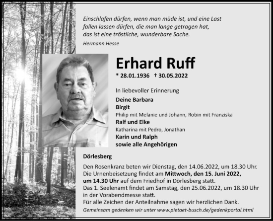 Traueranzeige von Erhard Ruff von Fränkische Nachrichten