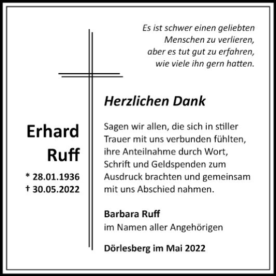 Traueranzeige von Erhard Ruff von Fränkische Nachrichten