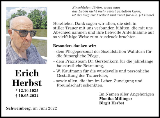 Traueranzeige von Erich Herbst von Fränkische Nachrichten