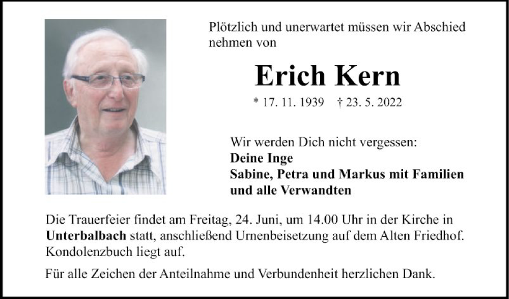  Traueranzeige fÃ¼r Erich Kern vom 18.06.2022 aus FrÃ¤nkische Nachrichten