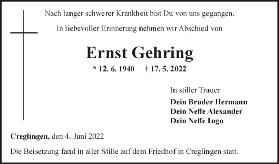 Traueranzeige von Ernst Gehring von Fränkische Nachrichten