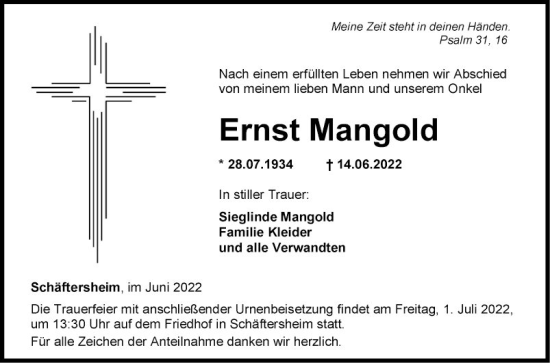 Traueranzeige von Ernst Mangold von Fränkische Nachrichten