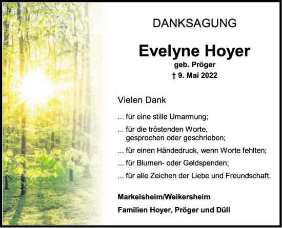 Traueranzeige von Evelyne Hoyer von Fränkische Nachrichten